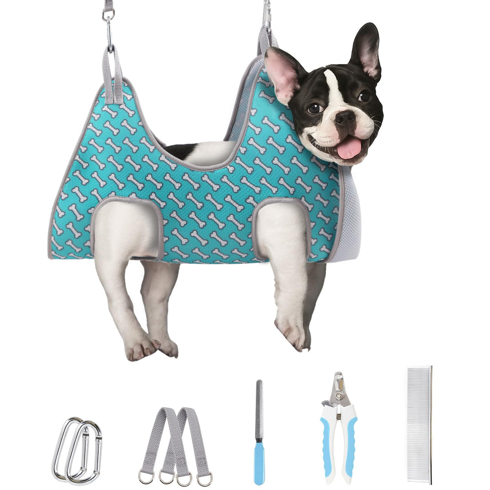 Supet dog grooming hammock coral blue nail-trim setup for at-home grooming.