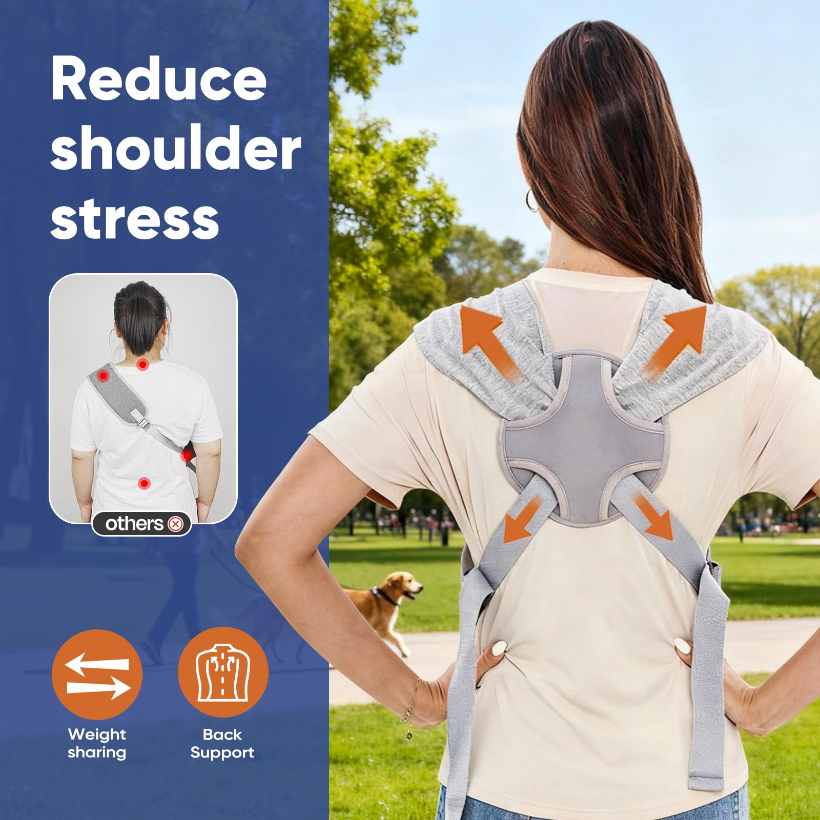 Supet dog sling grey worn by model demonstrates hands-free convenience.