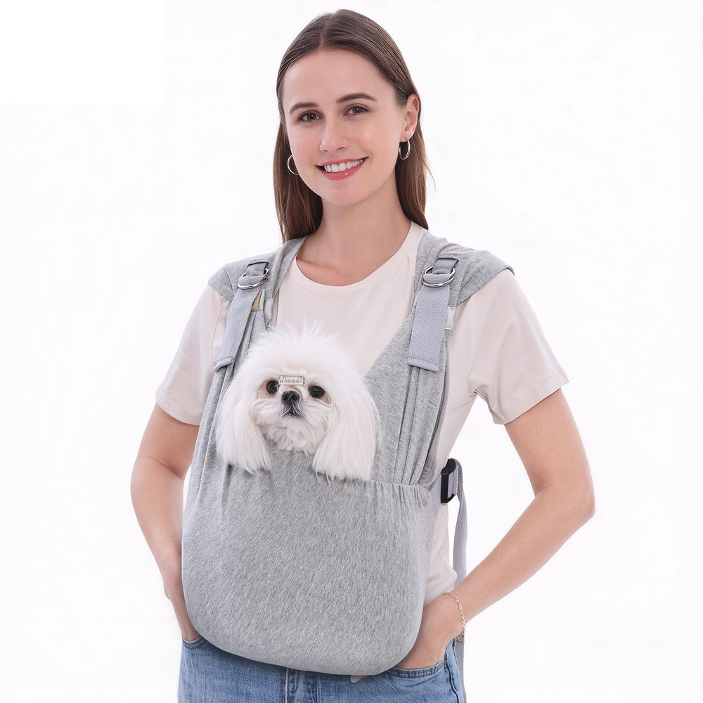 Supet dog sling grey close-up highlights soft cotton for comfort.