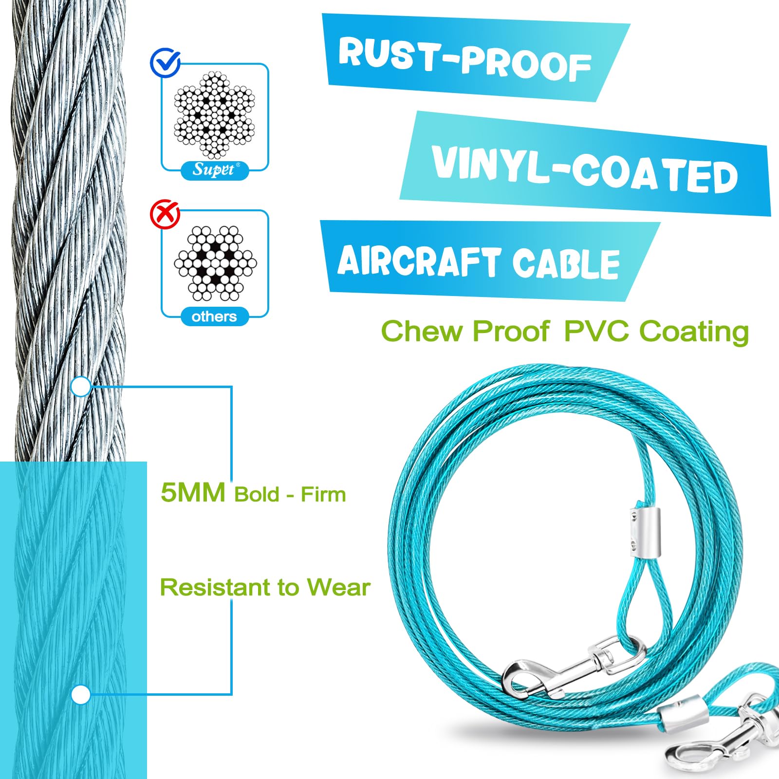 Supet 10ft tie out cable shown with durable spring for camping
