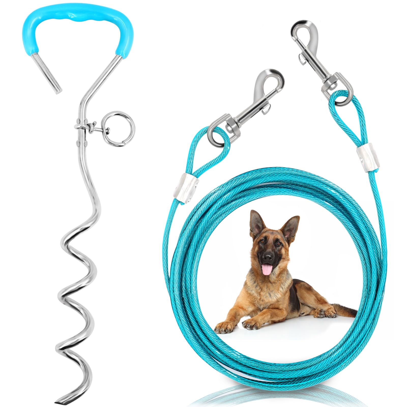 Supet dog tie out cable 32ft laid out in yard for safe, extended play
