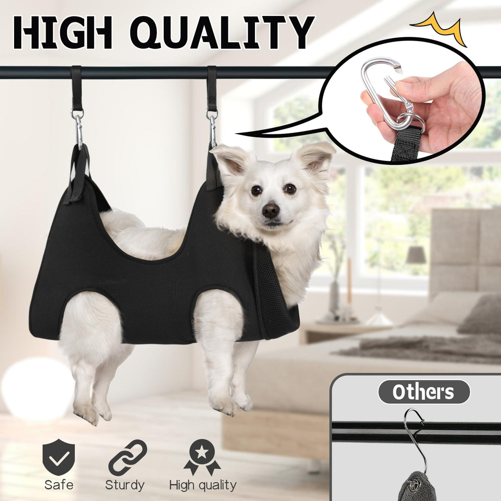 Supet grooming hammock with secure carabiners and strap system for safety.