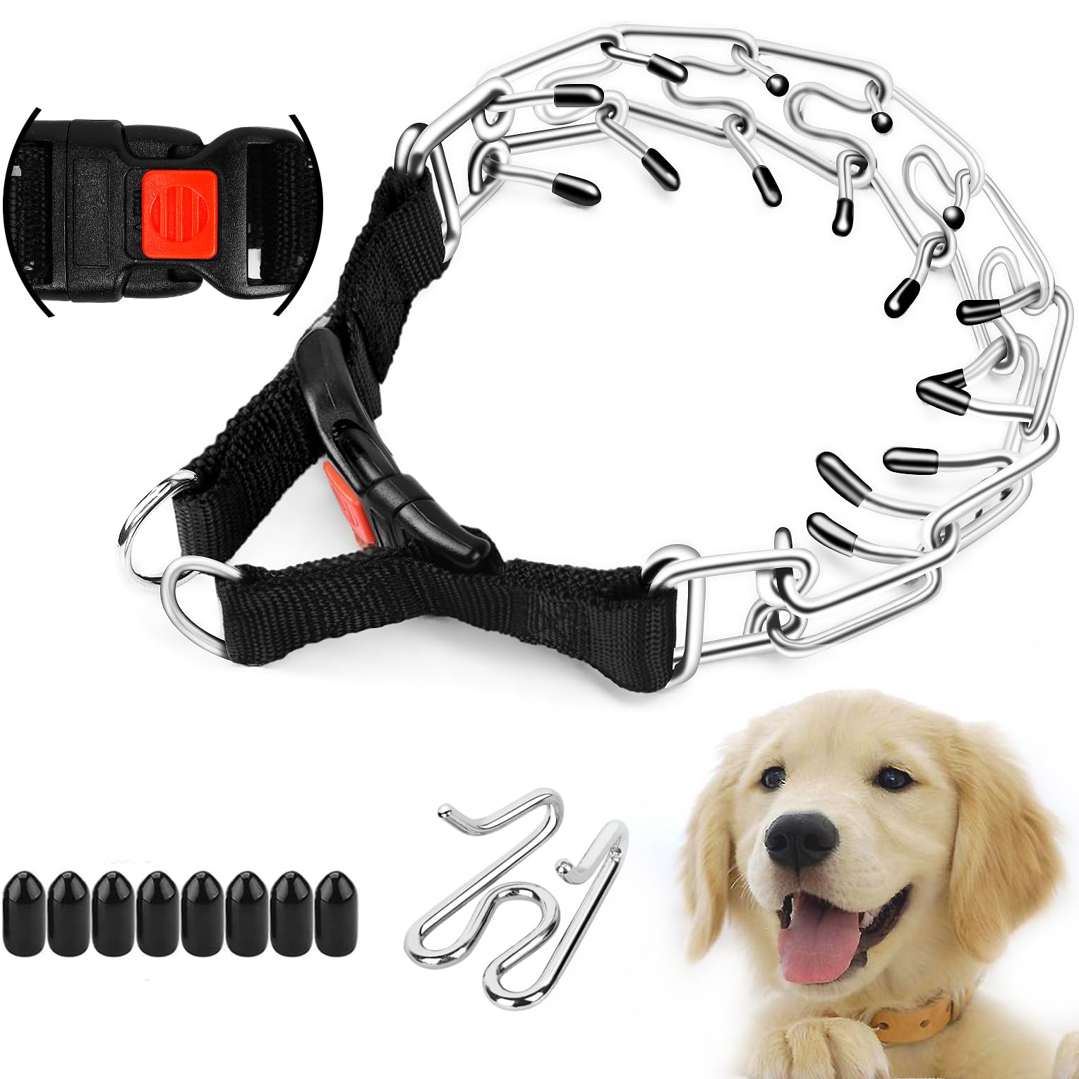 Supet Prong Collar with quick-release buckle enables easy, secure training sessions.
