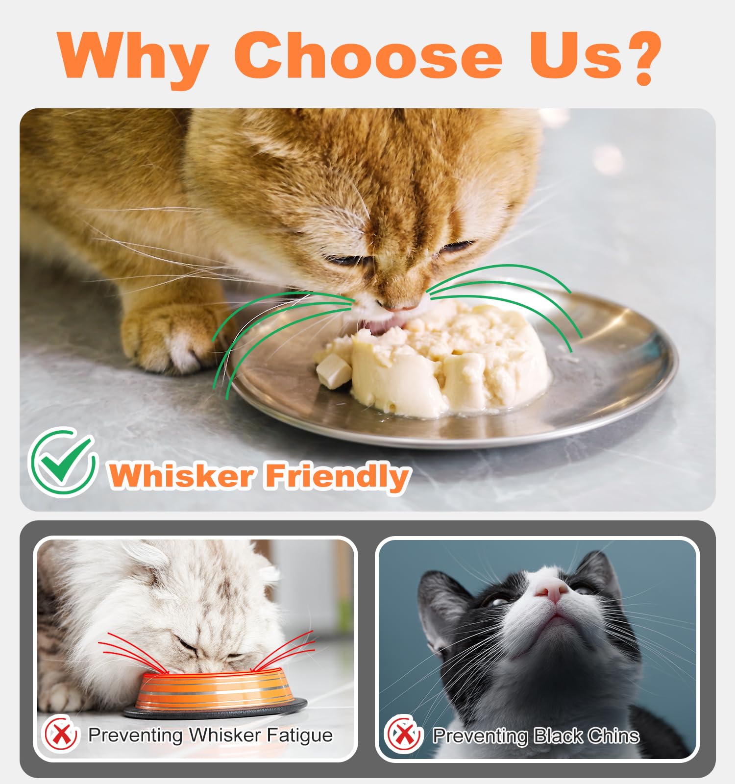 Supet whisker-friendly cat plates 304 stainless steel surface is rust-resistant and easy to clean.