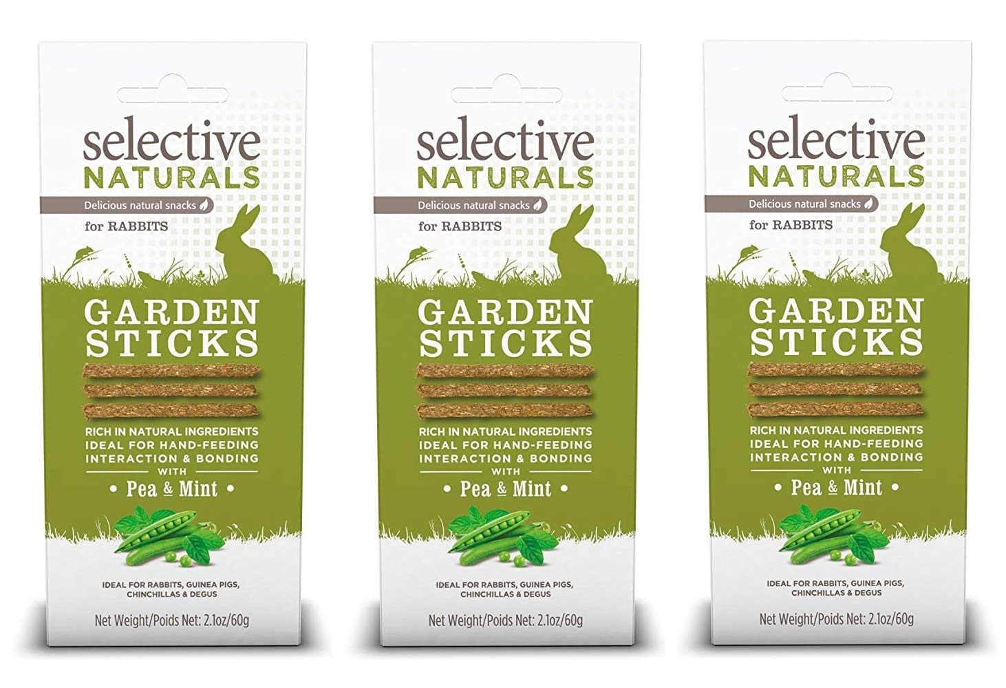 Supreme Petfoods garden sticks rabbit treats 3-pack, pea and mint flavor for bonding.