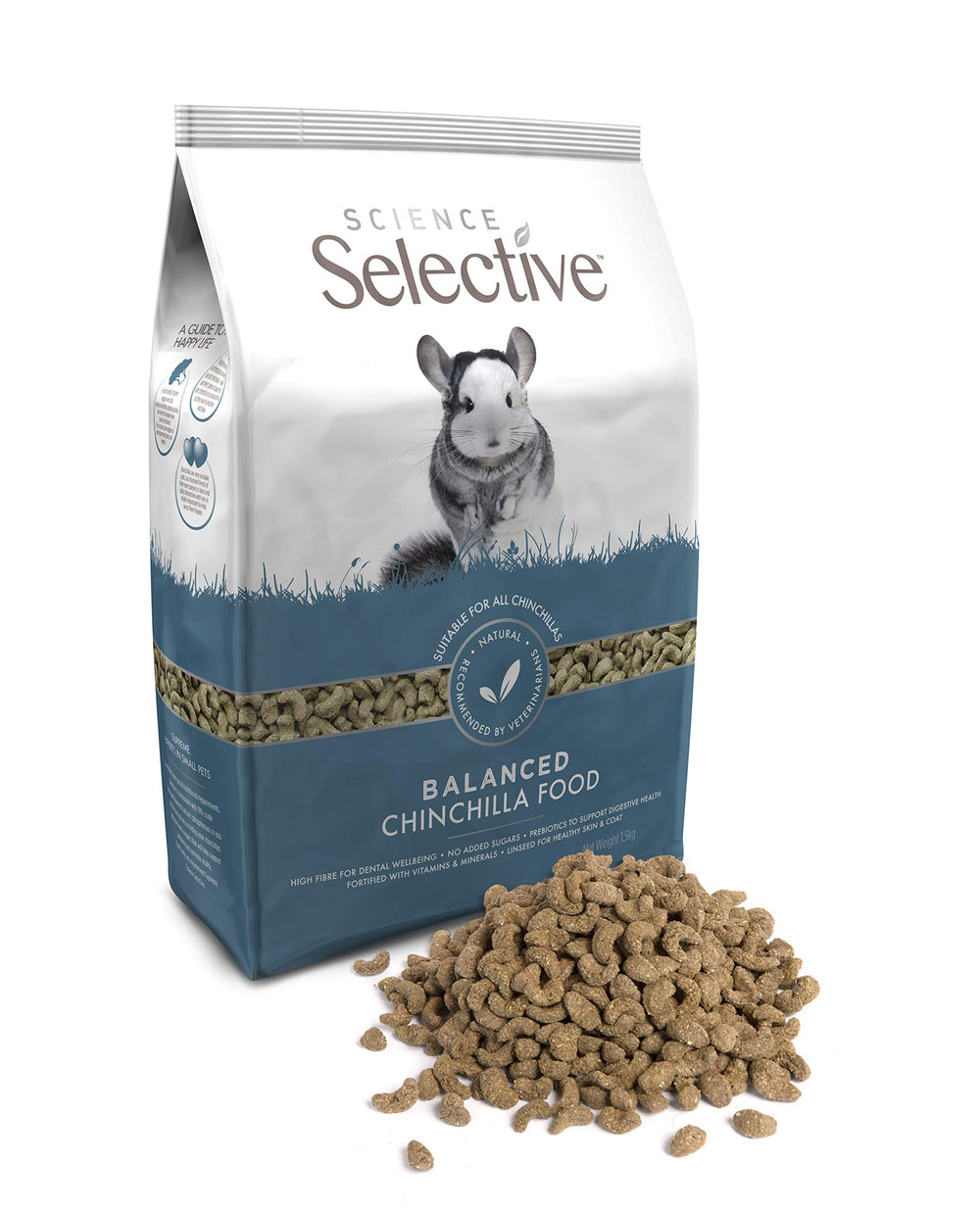 Supreme Petfoods Science Selective Chinchilla with hay in the background highlighting dietary balance