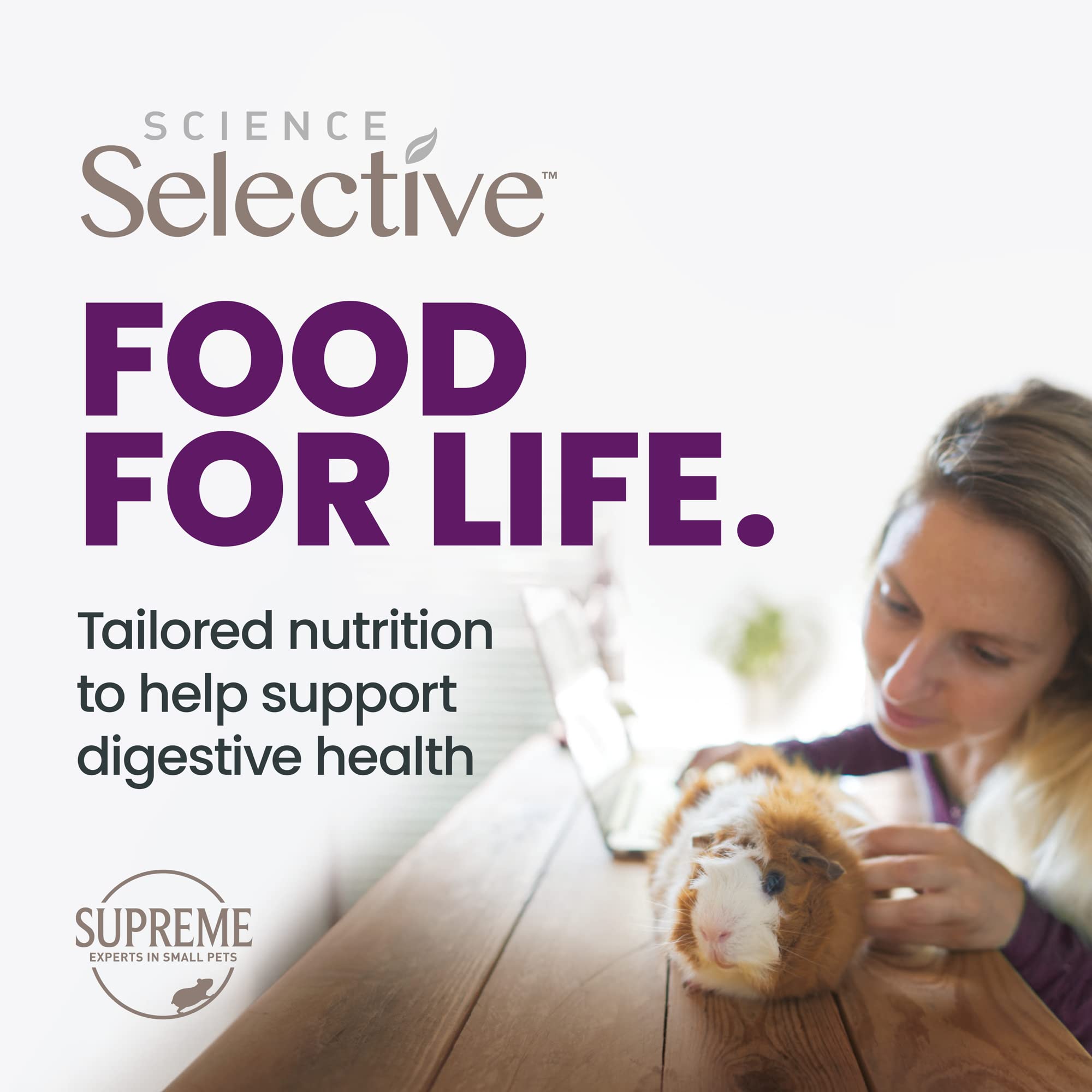 Supreme Petfoods Science Selective Guinea Pig diet scene emphasizing balanced daily feeding.