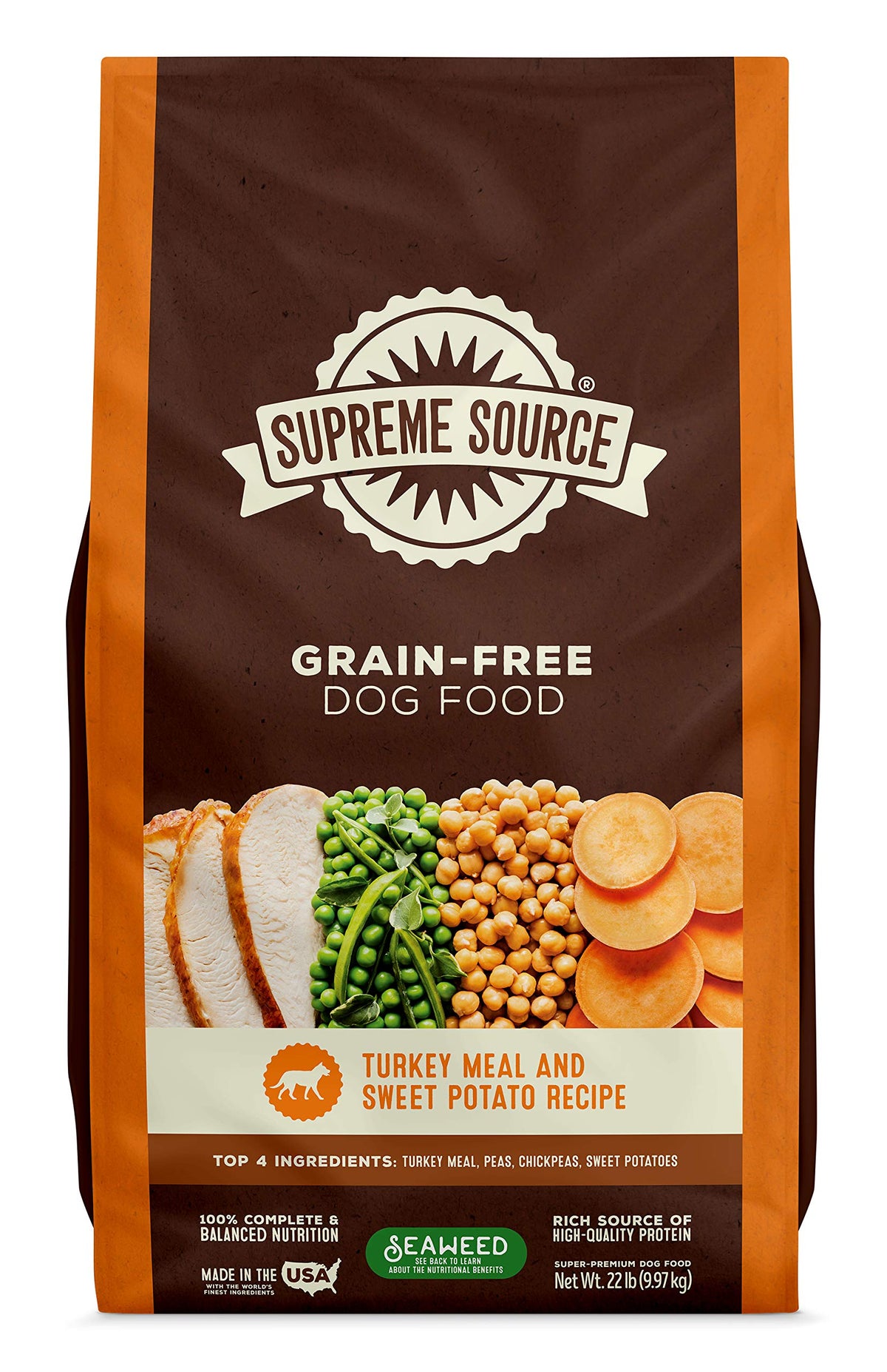 Supreme Source grain-free dog food bag with turkey meal and sweet potato for grain-free nutrition.