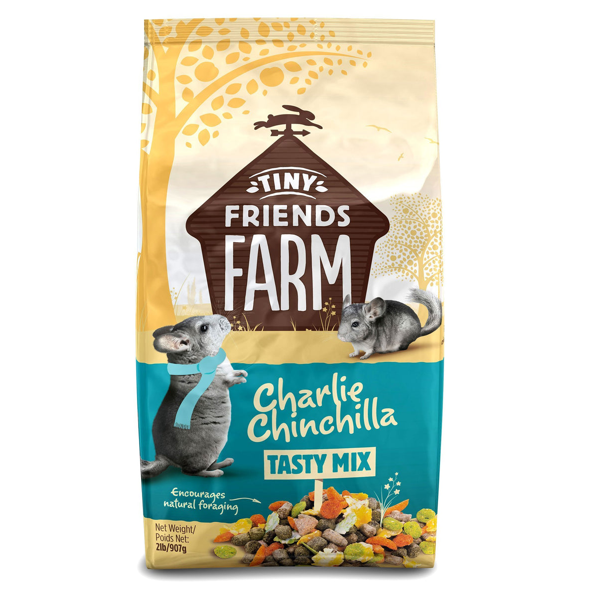 Supreme Petfoods Charlie Chinchilla Food packaging shows 2lb bag with high-fiber, low-fat diet.