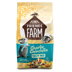 Supreme Petfoods Charlie Chinchilla Food packaging shows 2lb bag with high-fiber, low-fat diet.