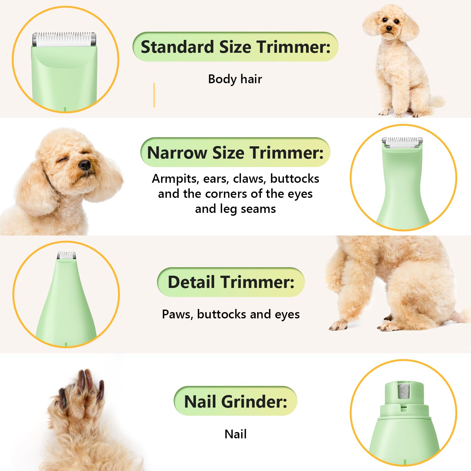 SUPRENT cordless rechargeable dog clippers for wireless grooming anywhere.