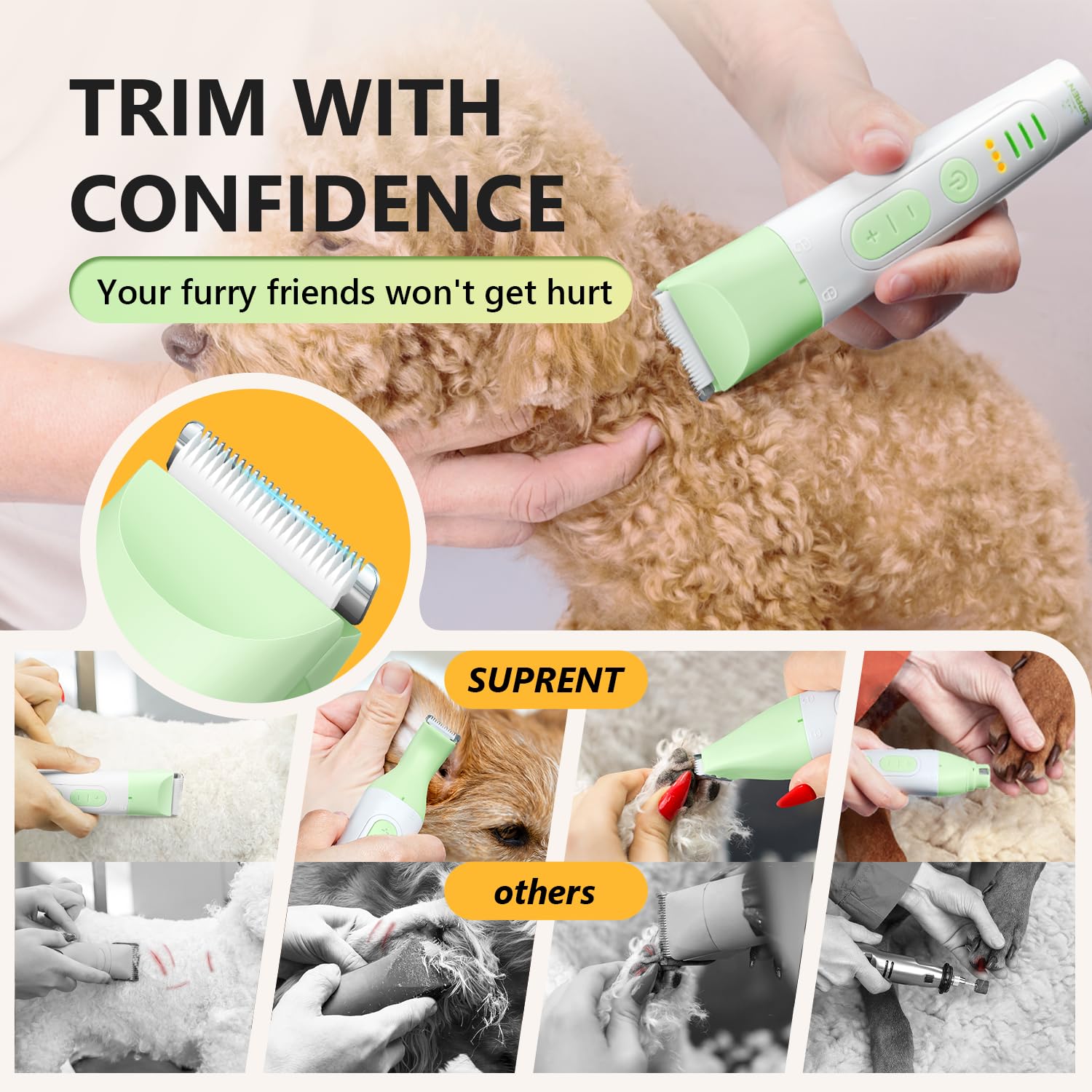 SUPRENT guide combs and paw trimmer enable precise length control.