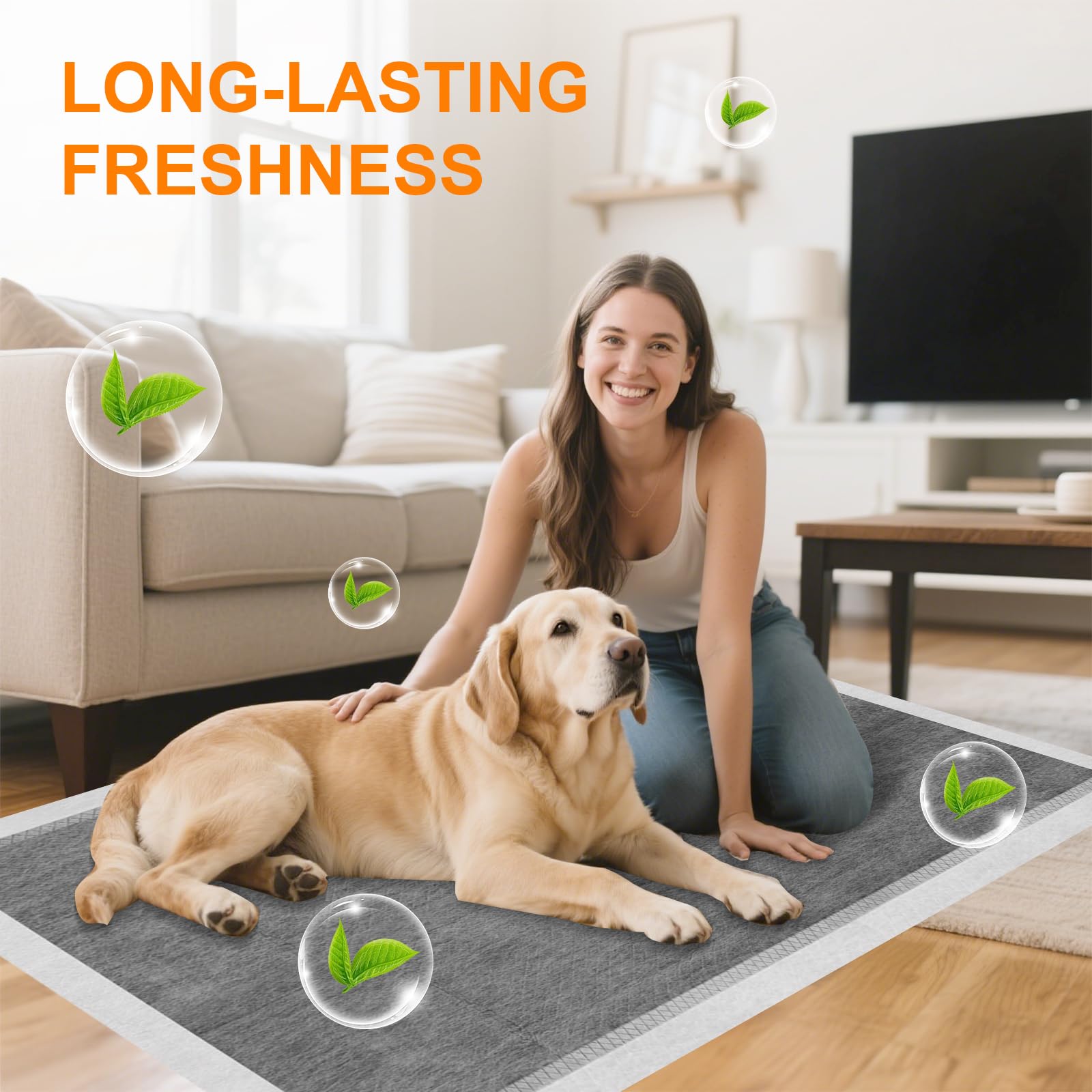 SUPRONLOVE odor-control puppy pad closeup shows fast liquid absorption and odor lock.