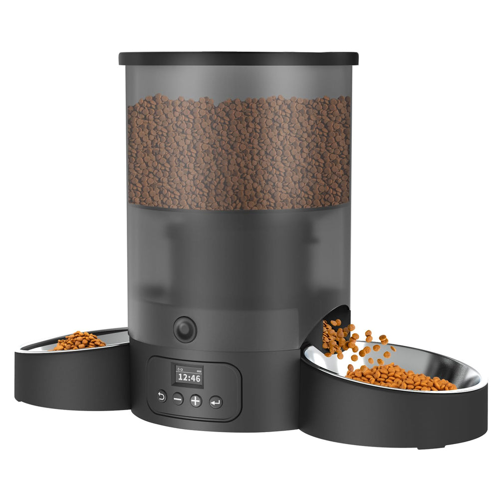 Surdy auto cat feeder dual bowls in black provides even meals for two cats.