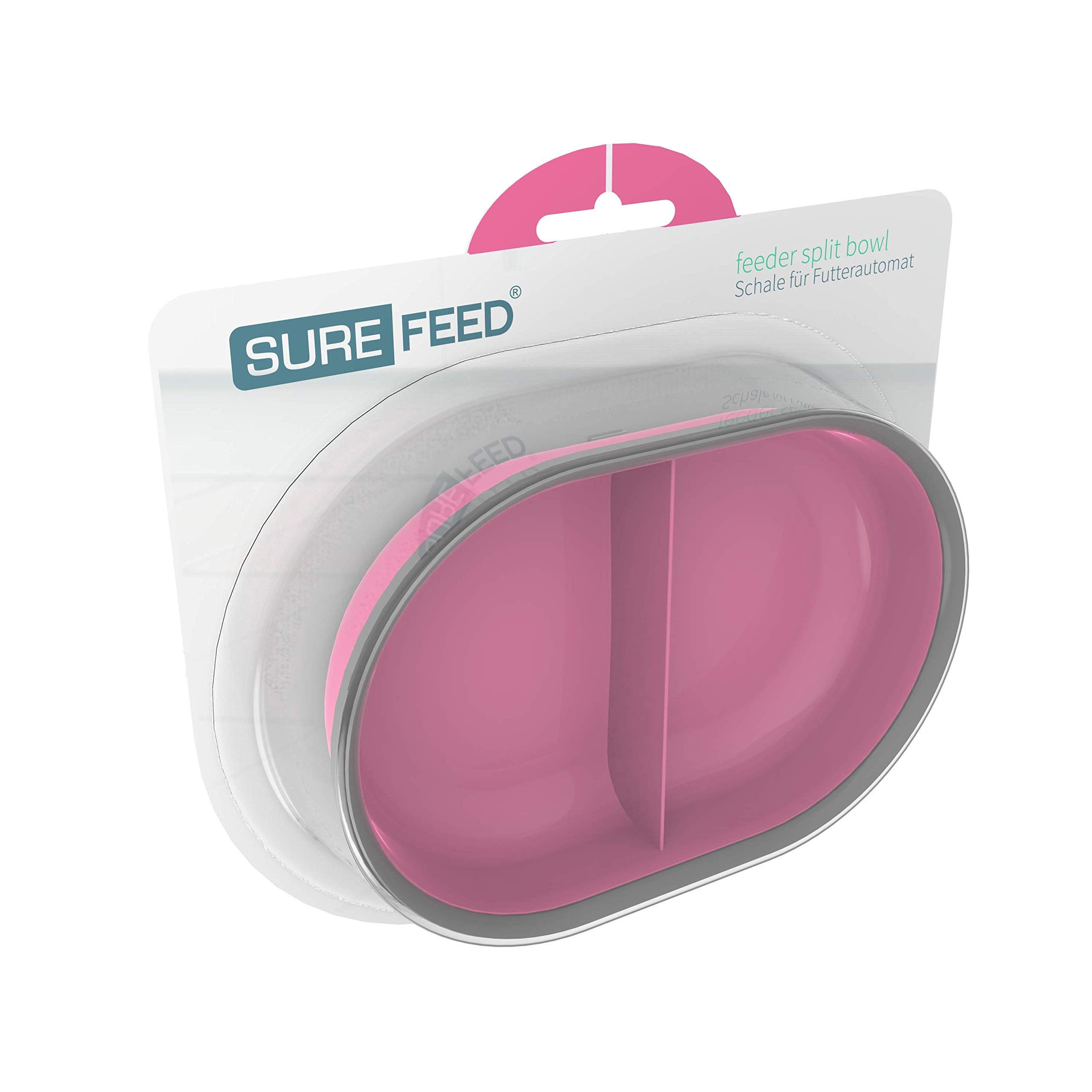 SureFlap SureFeed split bowl pink dishwasher-safe plastic for easy cleaning.