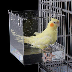 Suremita hanging bird bath cube side view showcases sturdy acrylic for durable indoor use.