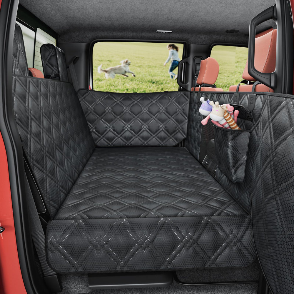 Surfcabin back seat extender with door protection shields doors during pets' in-and-out trips