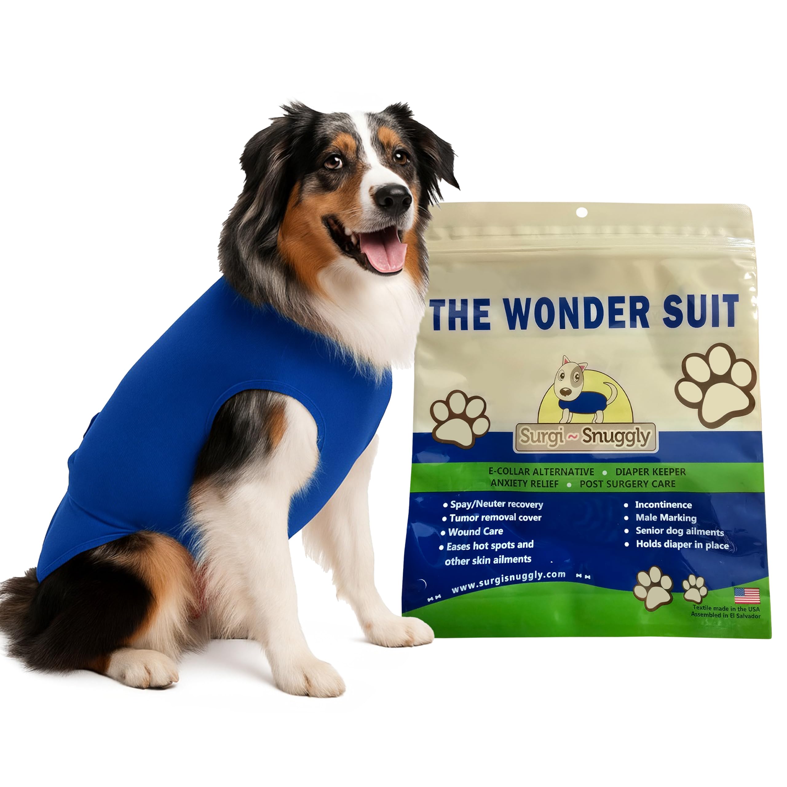 Surgi Snuggly washable diaper keeper blue front view shows secure wrap for reliable containment.