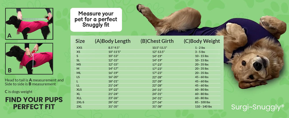 Surgi~Snuggly dog-sleeve onesie image demonstrates comfortable stretch fabric for gentle movement