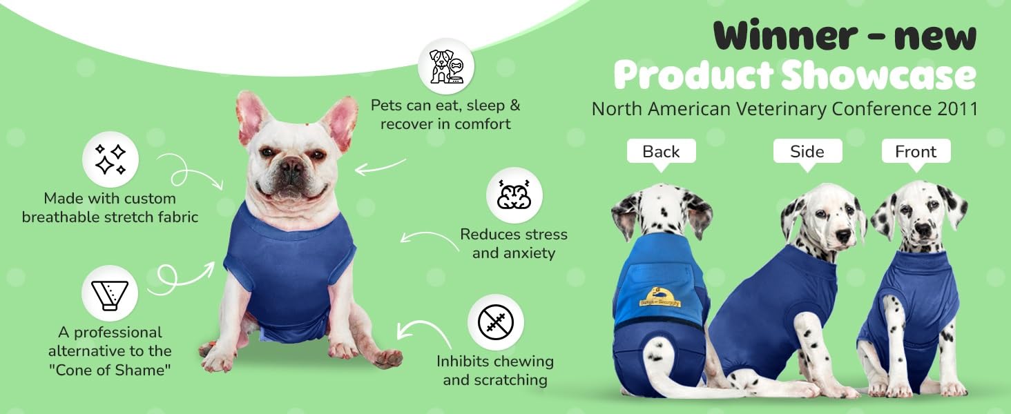 Surgi~Snuggly easy-on-design image highlights simple back-opening access for pets
