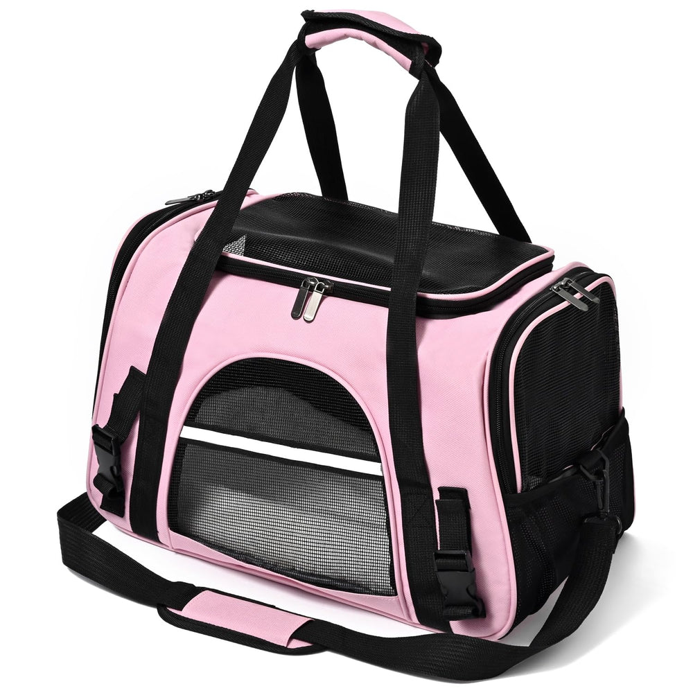 Surilehege cat carrier soft pink front view shows compact travel space