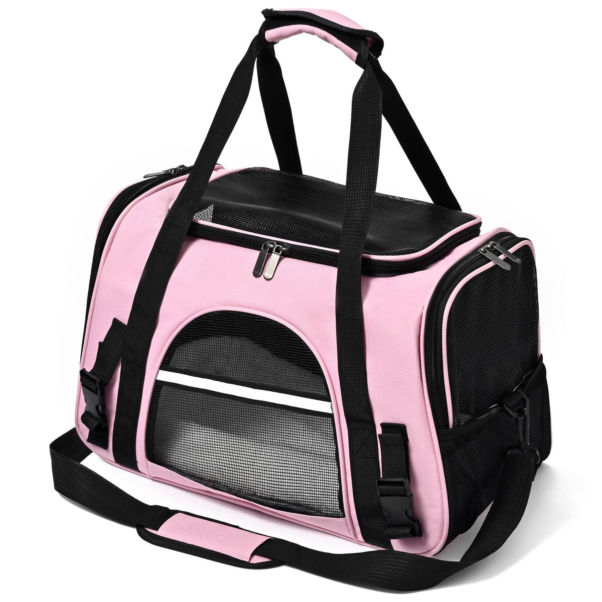 Surilehege cat carrier soft pink front view shows compact travel space
