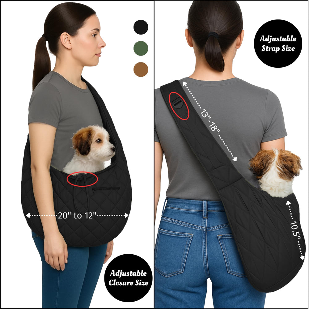 SUSU PET CO small dog carrier silk black worn as sling during a quick coffee run.