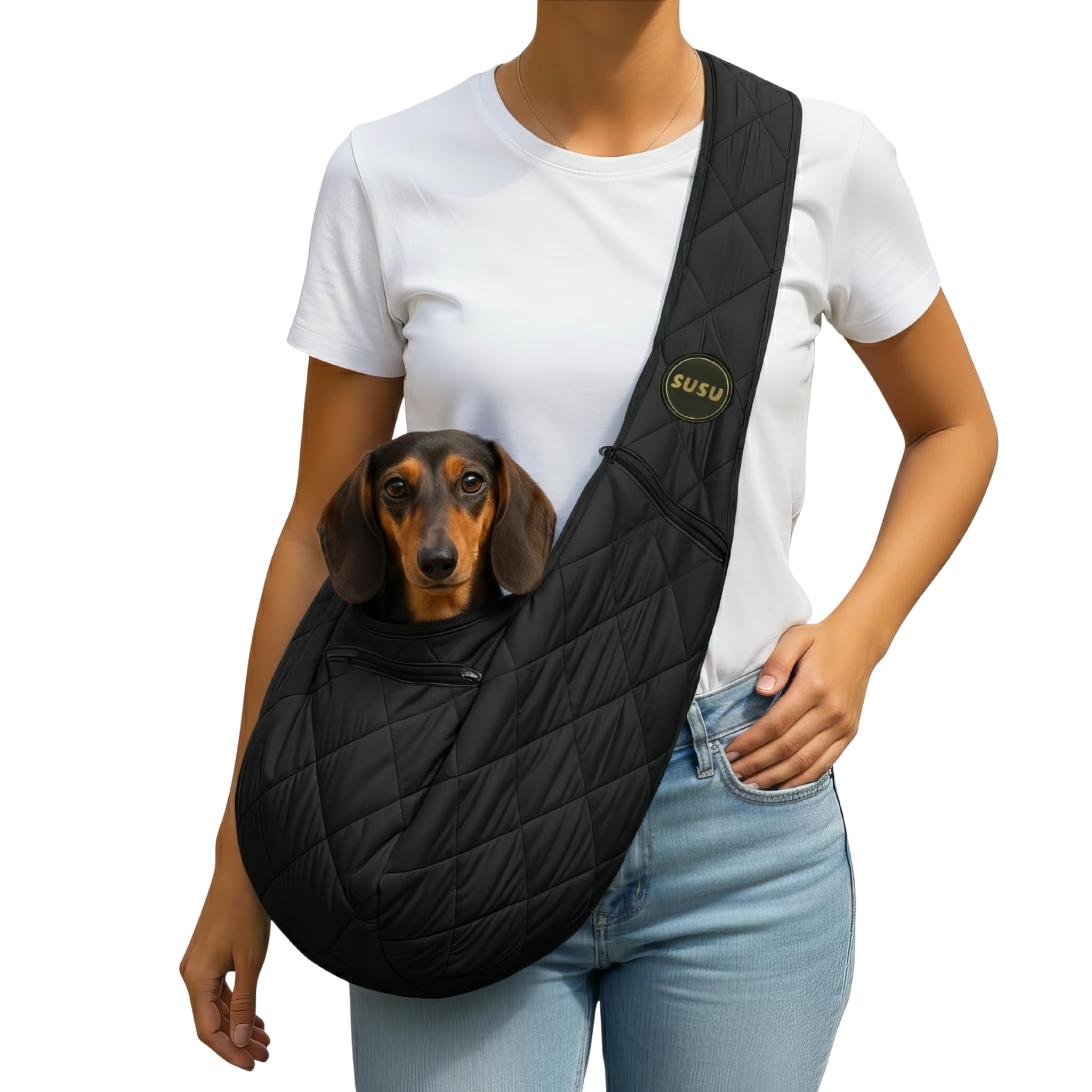 SUSU PET CO small dog carrier silk black front view for hands-free urban walks.