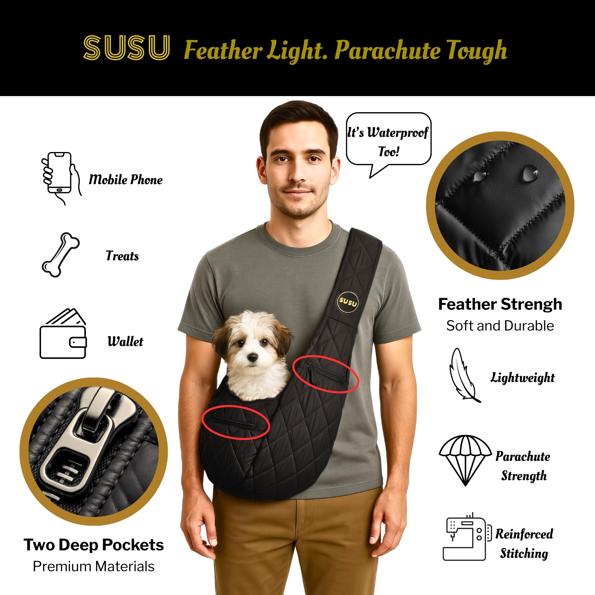 SUSU PET CO small dog carrier silk black handheld mode converts from crossbody in seconds.