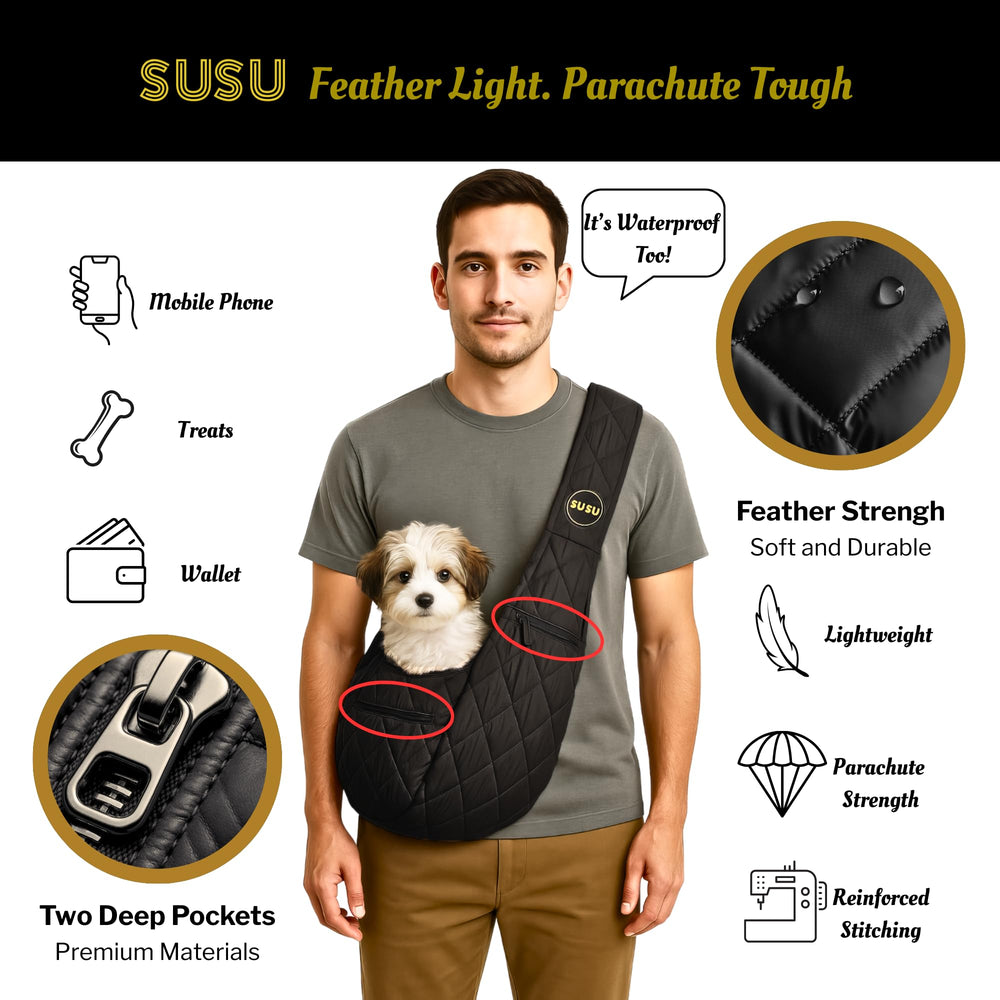 SUSU PET CO small dog carrier silk black handheld mode converts from crossbody in seconds.