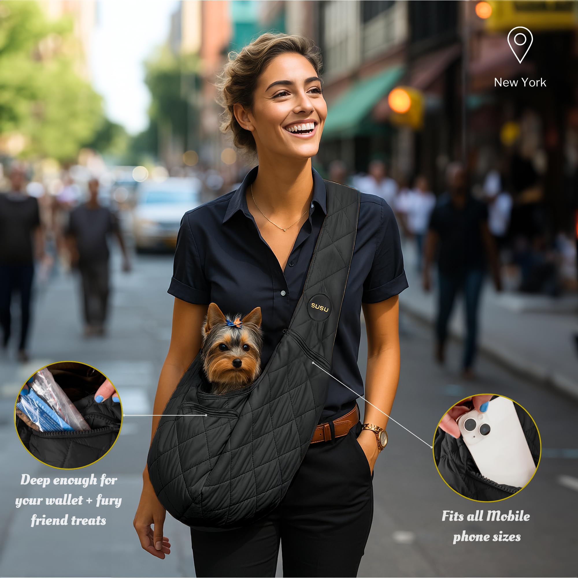 SUSU PET CO silk black interior view shows deep zippered pockets for secure essentials during trips.