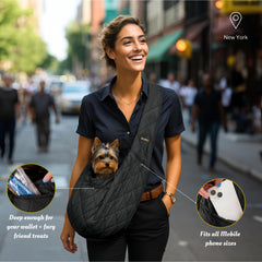 SUSU PET CO silk black interior view shows deep zippered pockets for secure essentials during trips.