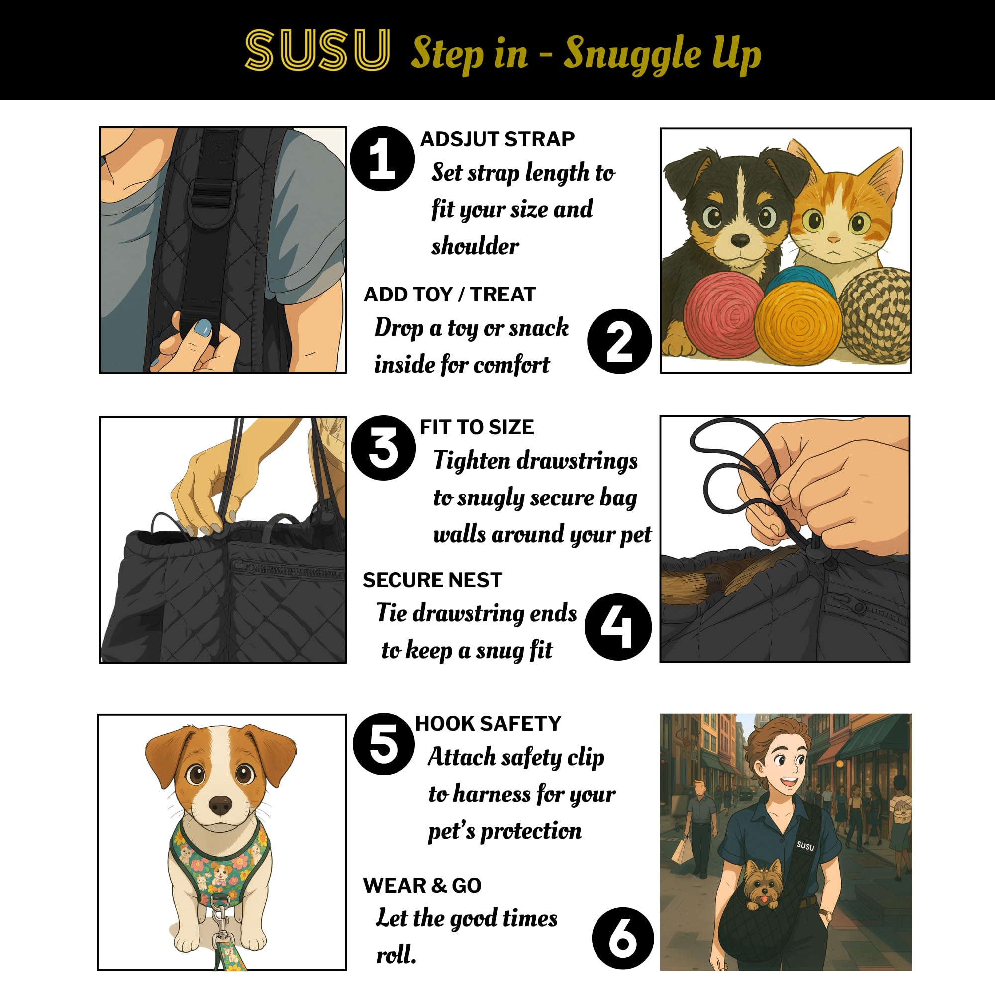 SUSU PET CO silk black protective safety tether keeps curious pups secure.