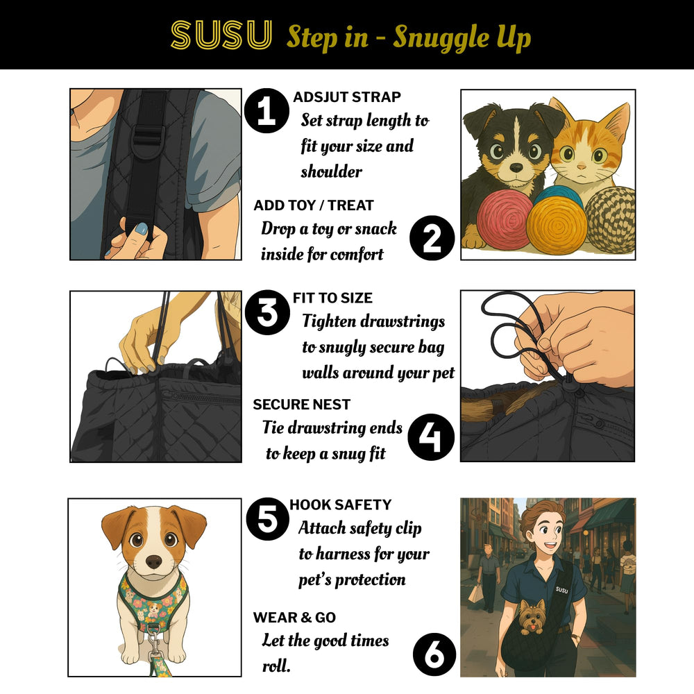 SUSU PET CO silk black protective safety tether keeps curious pups secure.