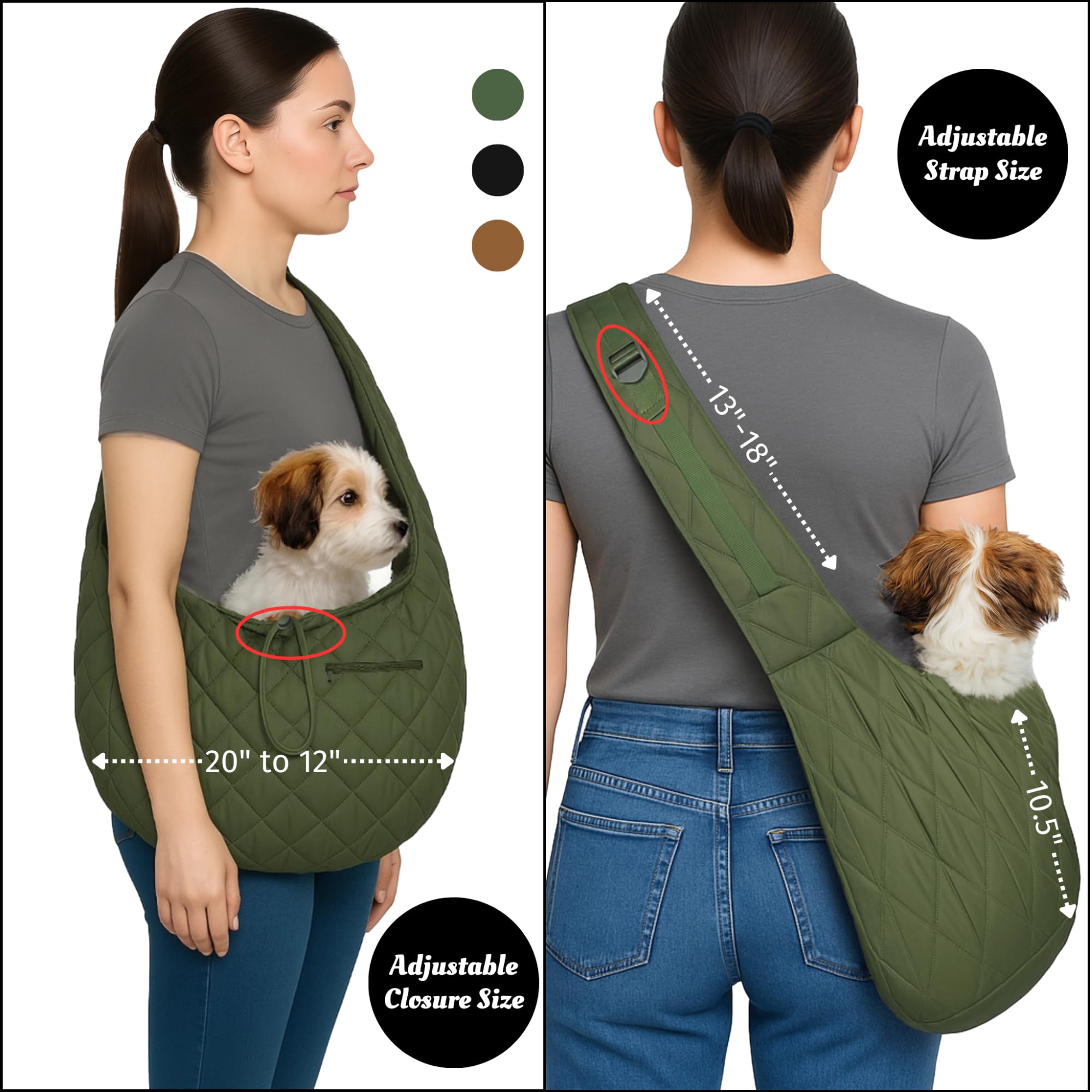 SUSU PET CO. agile sling switches between crossbody and handheld for versatility.