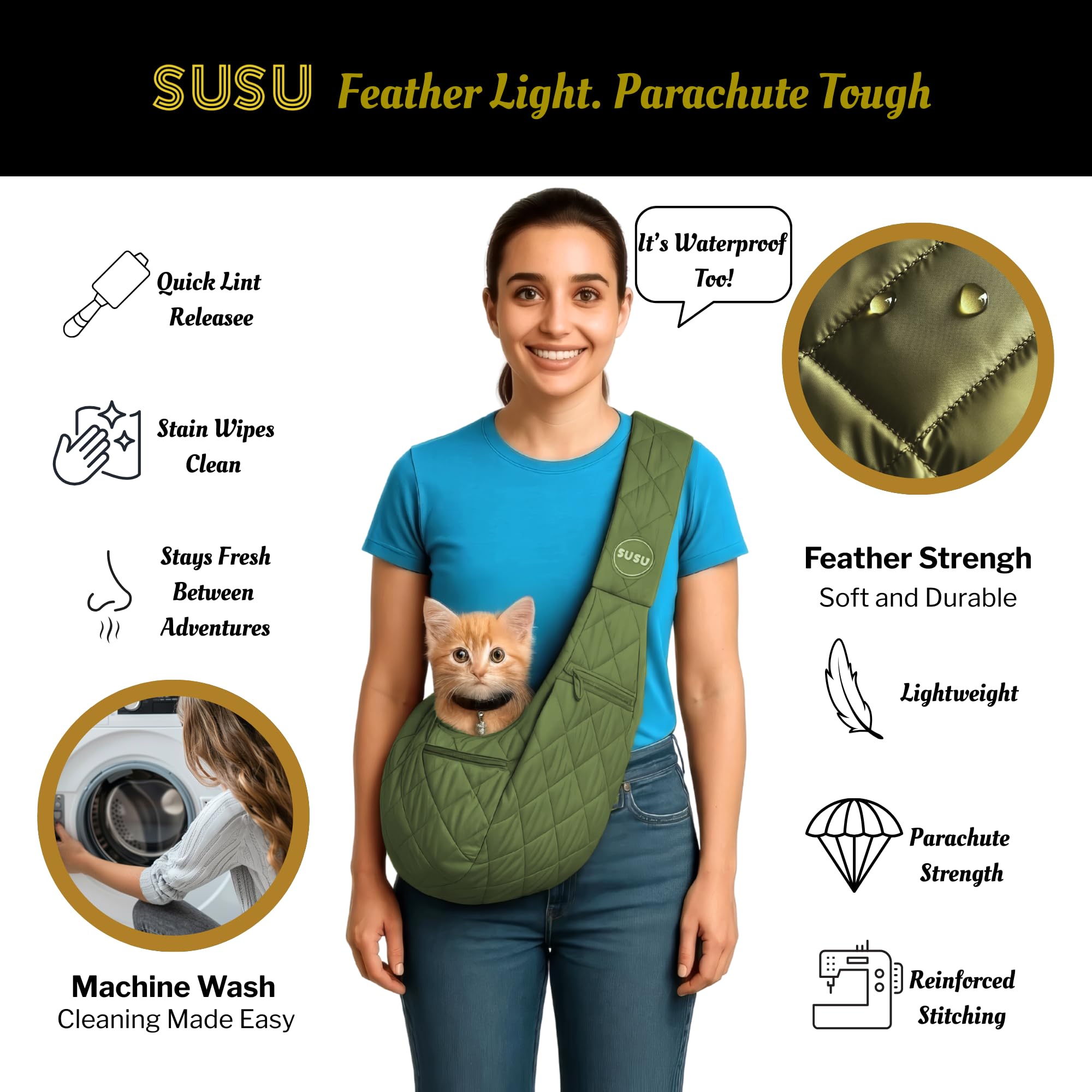 SUSU PET CO. drawstring collar area image highlighting safety features.