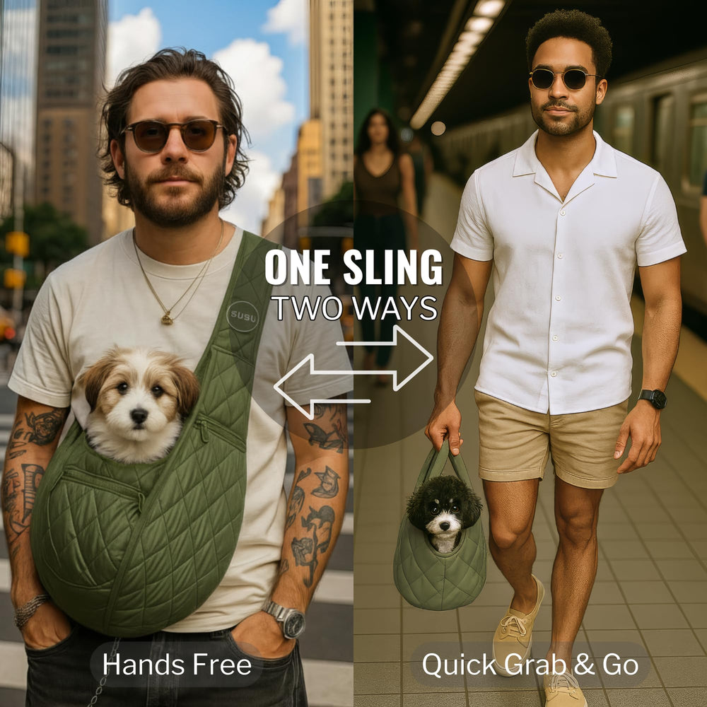 SUSU PET CO. dog sling with two pockets for organized essentials on hikes.