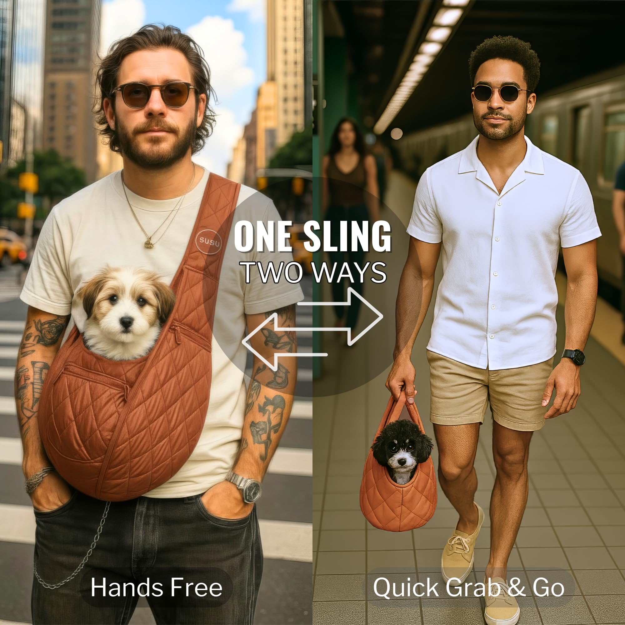 SUSU PET CO. small dog sling copper brown side view highlights hands-free convenience.