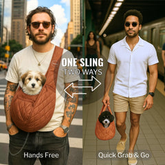 SUSU PET CO. small dog sling copper brown side view highlights hands-free convenience.