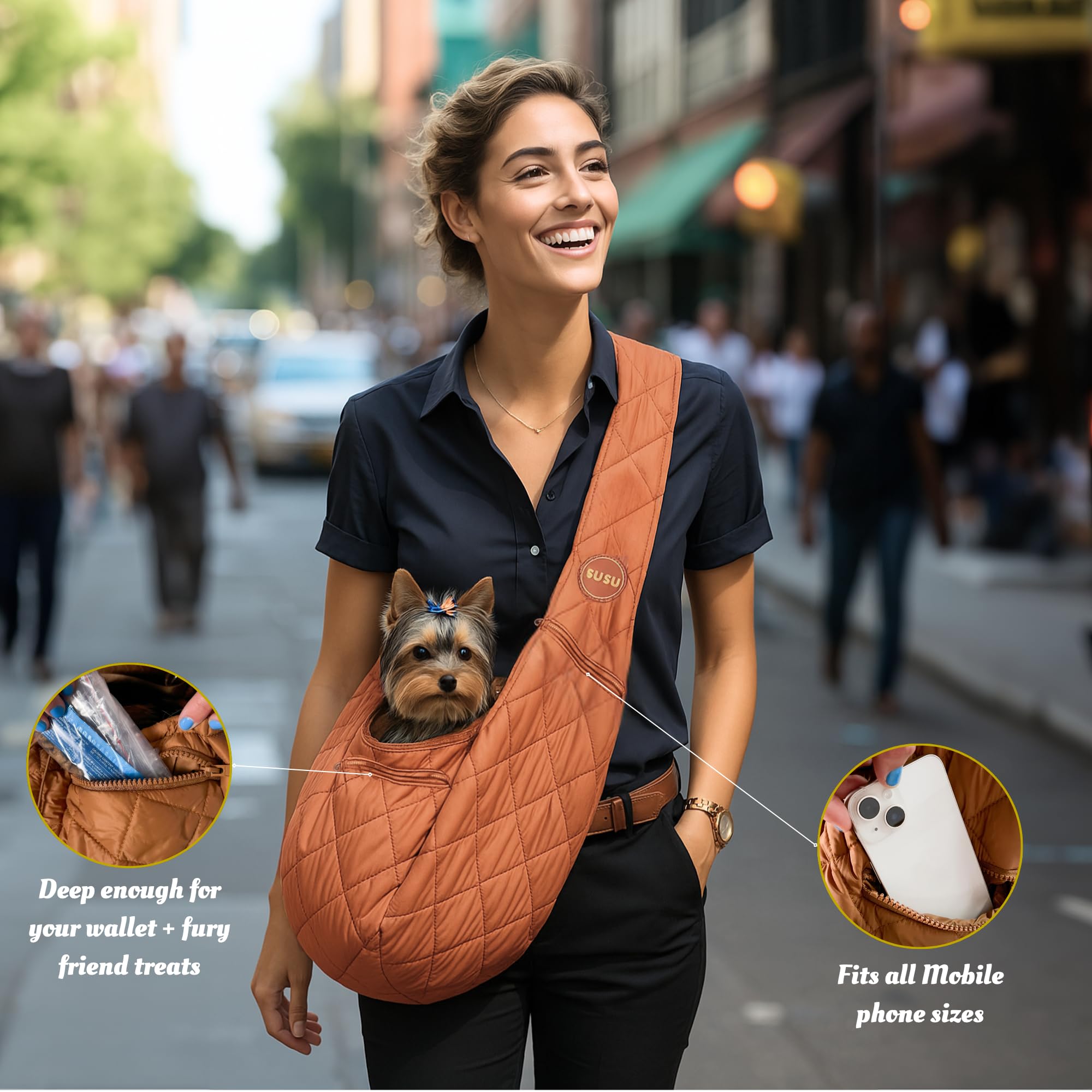 SUSU PET CO. crossbody mode closeup shows stable fit and quick transition between carry styles.