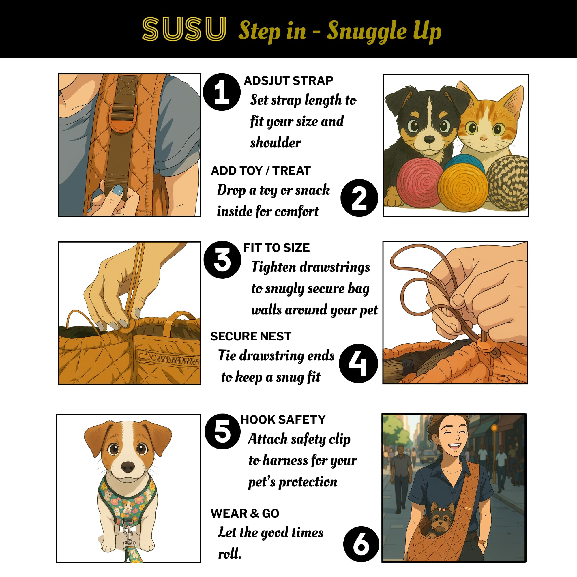 SUSU PET CO. in-use urban view shows versatile sling ready for daily errands.