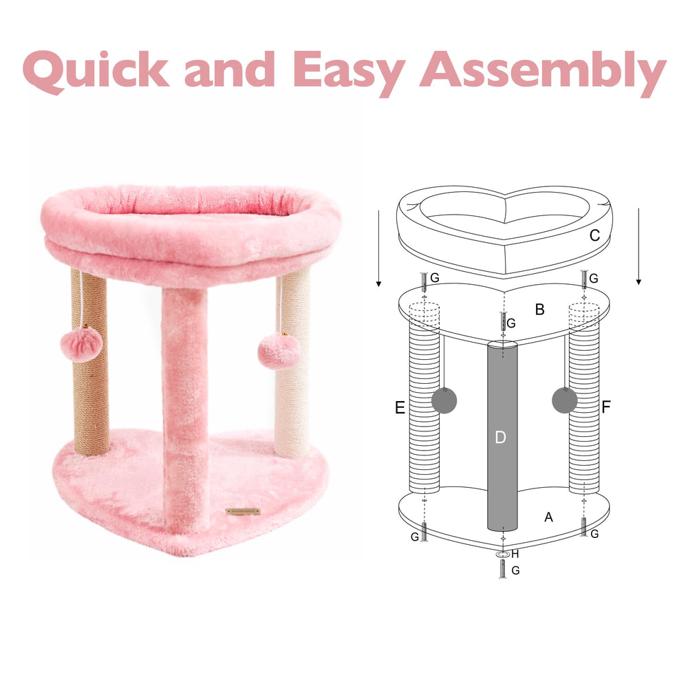 Suudroeen full-view pink cat tree showing integrated bed and posts