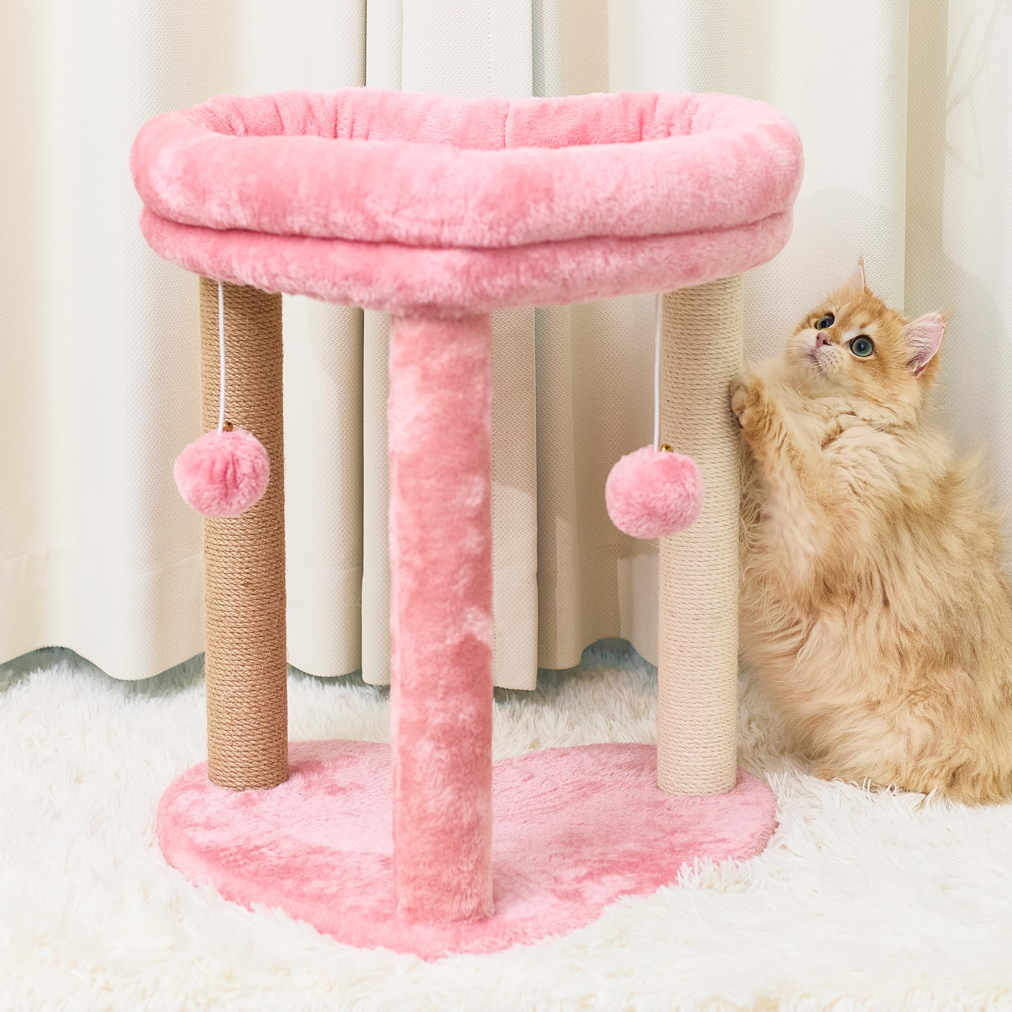 Suudroeen pink cat tree with two hanging ball toys for interactive play