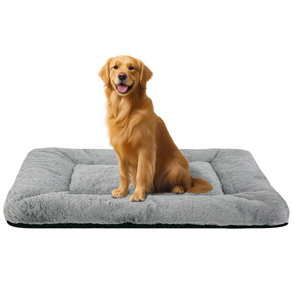 SUVAMJAM washable dog crate bed mat gray closeup showing ultra-soft surface for calm naps.
