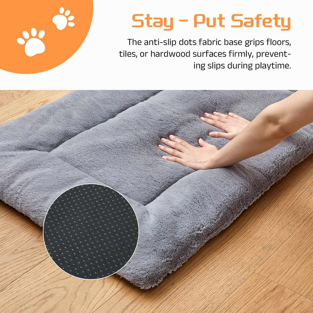 SUVAMJAM washable dog crate bed mat gray waterproof base protects floors from spills.