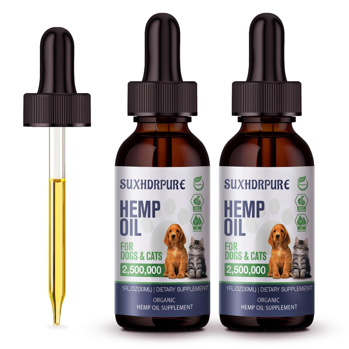 SUXHDRPURE hemp oil drops bottle supports pet wellness with omega fatty acids
