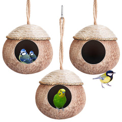 Suzile natural coconut bird nest hangs in a cage for safe nesting.