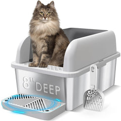 Suzzipaws 8-inch deep stainless steel litter box with lid for privacy and easy cleanup.