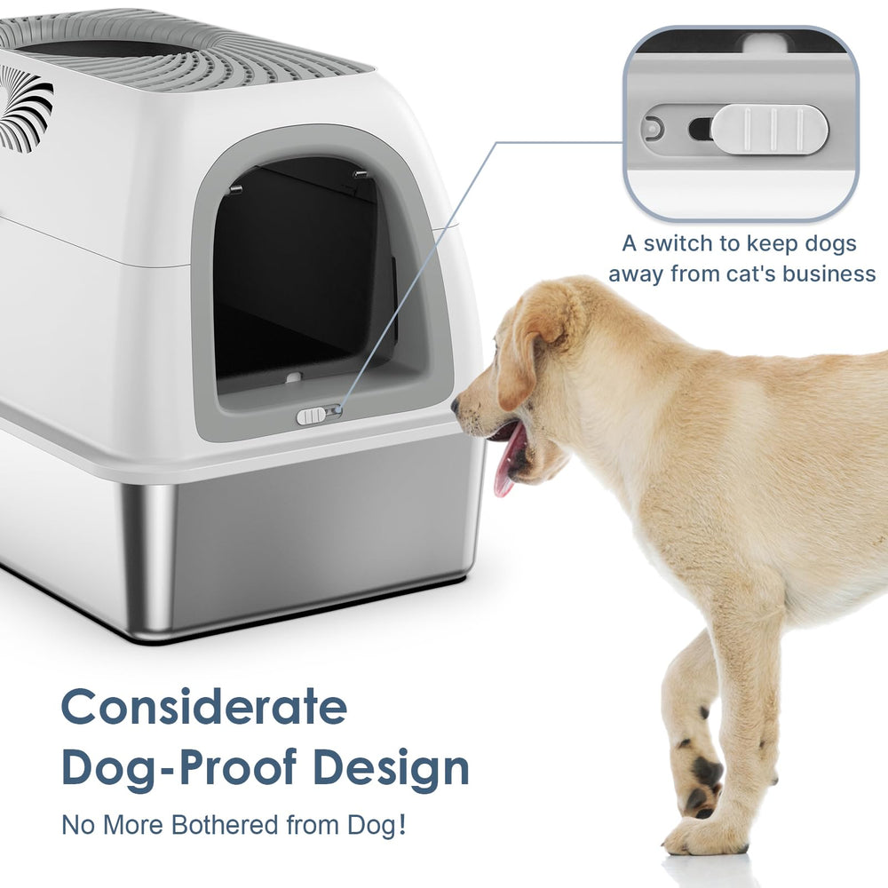 Suzzipaws dog-proof front-entry panel deters dogs from the litter area