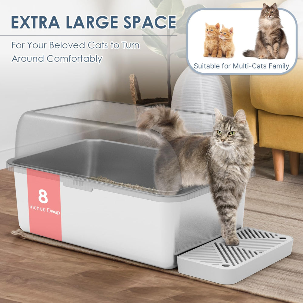 Suzzipaws metal litter pan cleans easily with a smooth surface.